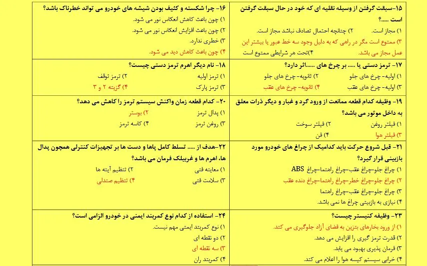 دانلود نمونه سوالات آیین نامه راهنمایی و رانندگی