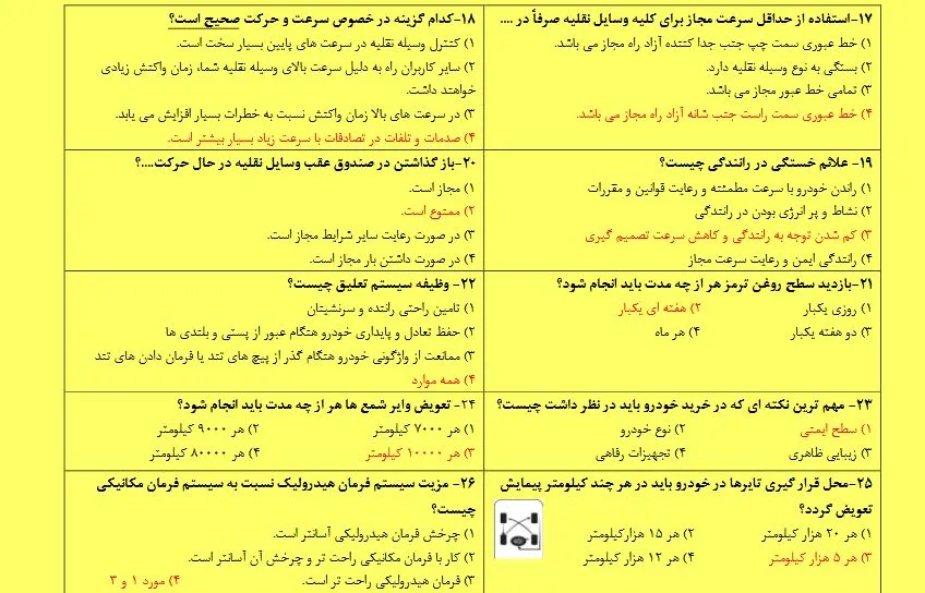 دانلود نمونه سوالات آیین نامه راهنمایی و رانندگی