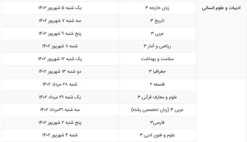 برنامه امتحانات نهایی پایه دوازدهم شهریور ماه