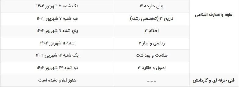 برنامه امتحانات نهایی پایه دوازدهم شهریور ماه